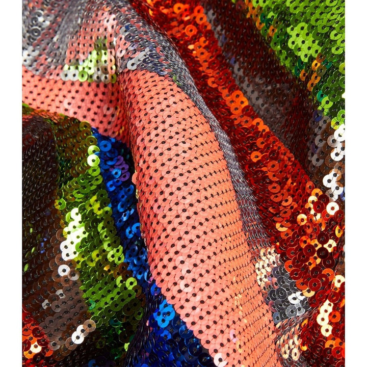 Sequin Wiggle-Stripe Blouson-Sleeve Midi Dress