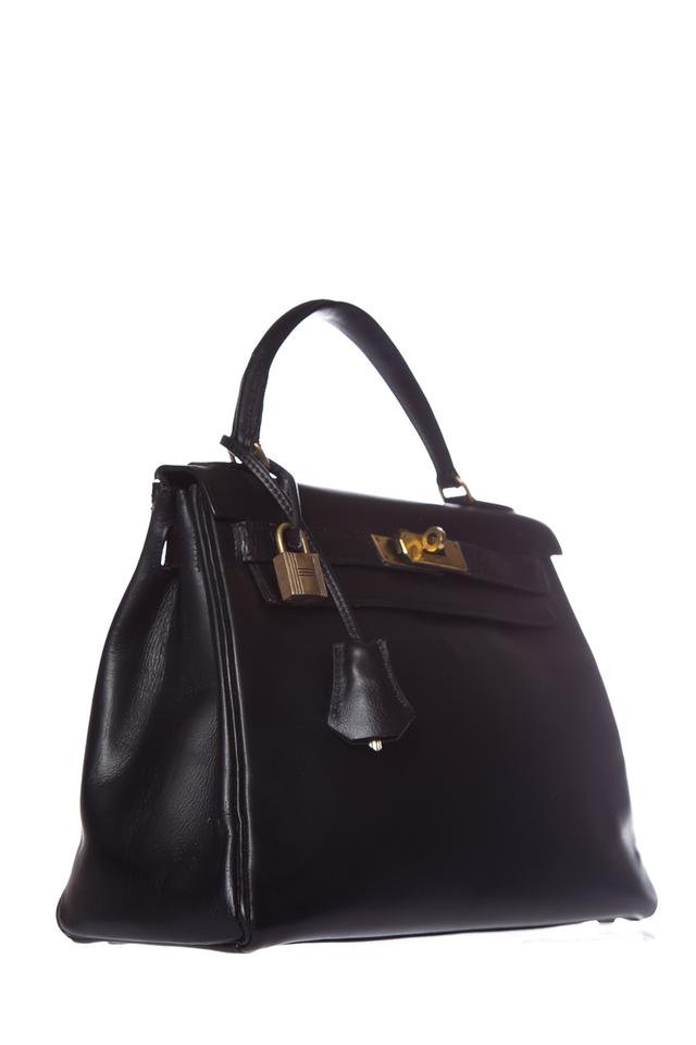 Hermès Kelly Box Black 25 Handle Noir Leather Tote