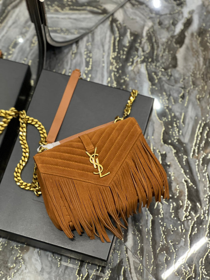 YSL College Medium Chain Bag In Light Suede With Fringes