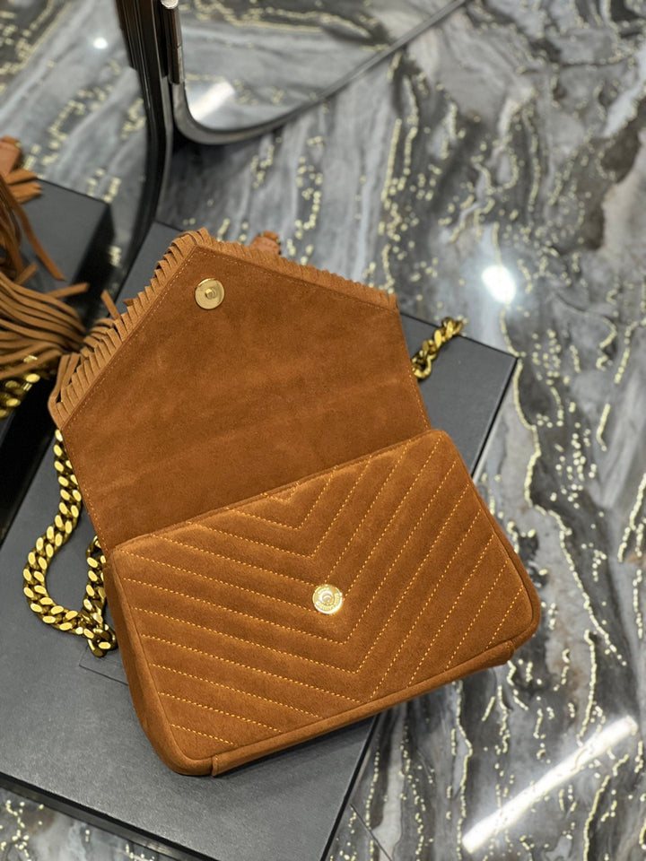 YSL College Medium Chain Bag In Light Suede With Fringes