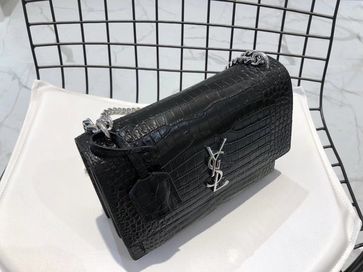 YSL Medium Sunset In Crocodile Embossed Shiny Leather Bag