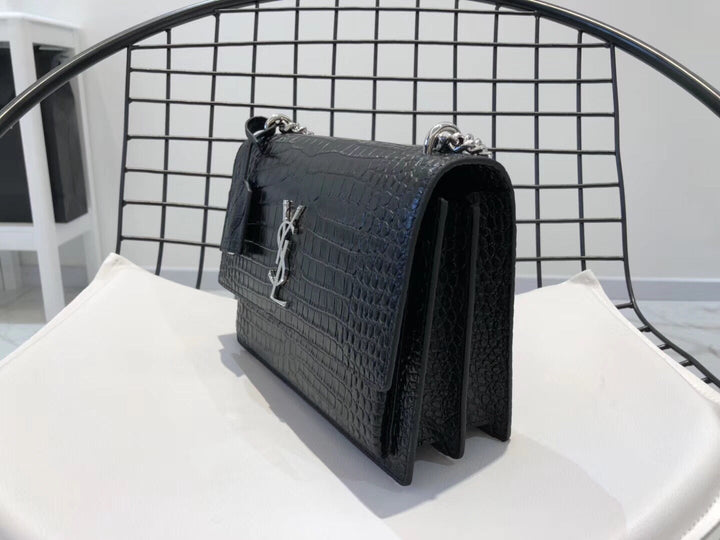 YSL Medium Sunset In Crocodile Embossed Shiny Leather Bag
