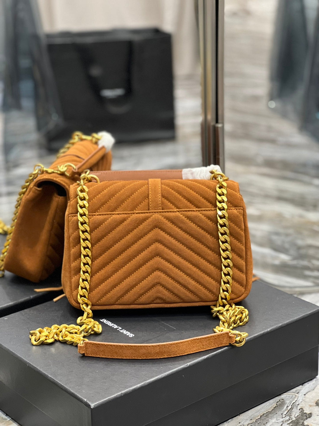 YSL College Medium Chain Bag In Light Suede With Fringes