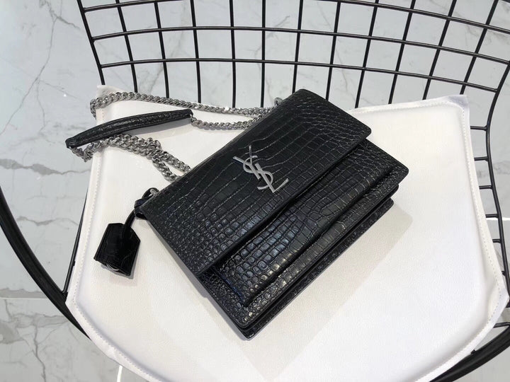 YSL Medium Sunset In Crocodile Embossed Shiny Leather Bag
