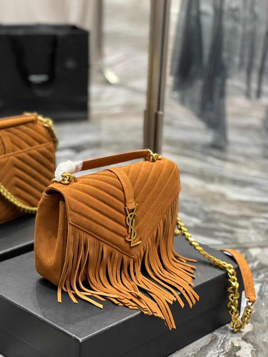 YSL College Medium Chain Bag In Light Suede With Fringes
