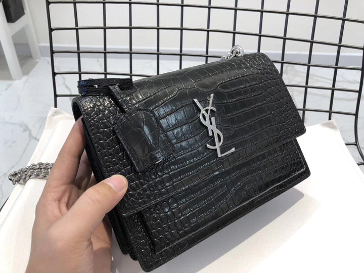 YSL Medium Sunset In Crocodile Embossed Shiny Leather Bag