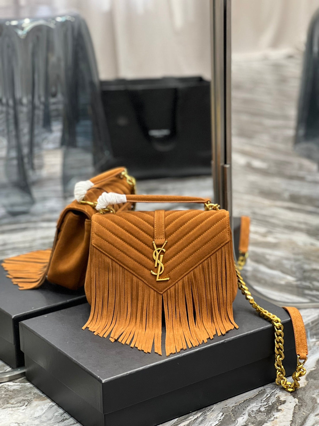 YSL College Medium Chain Bag In Light Suede With Fringes