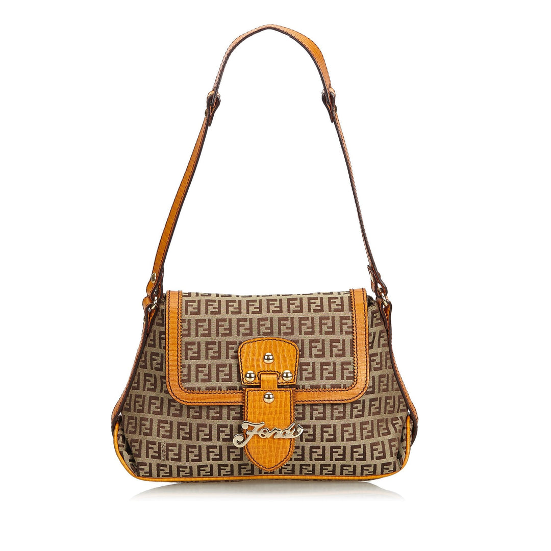 Pre-Loved Fendi Brown Light Jacquard Fabric Zucchino Shoulder Bag ITALY