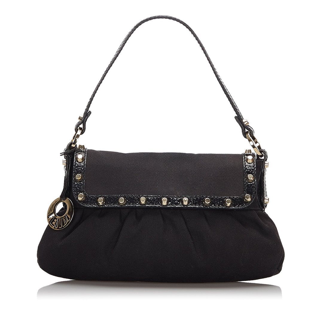 Pre-Loved Fendi Black Canvas Fabric Studded Chef Shoulder Bag Italy