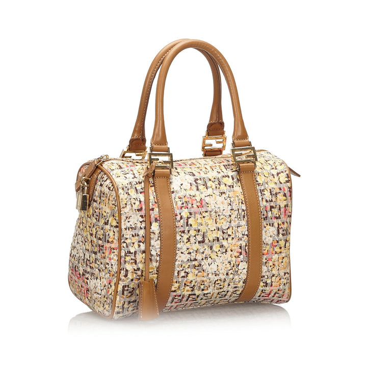 Pre-Loved Fendi Brown Beige Canvas Fabric Floral Zucchino Boston Bag Italy