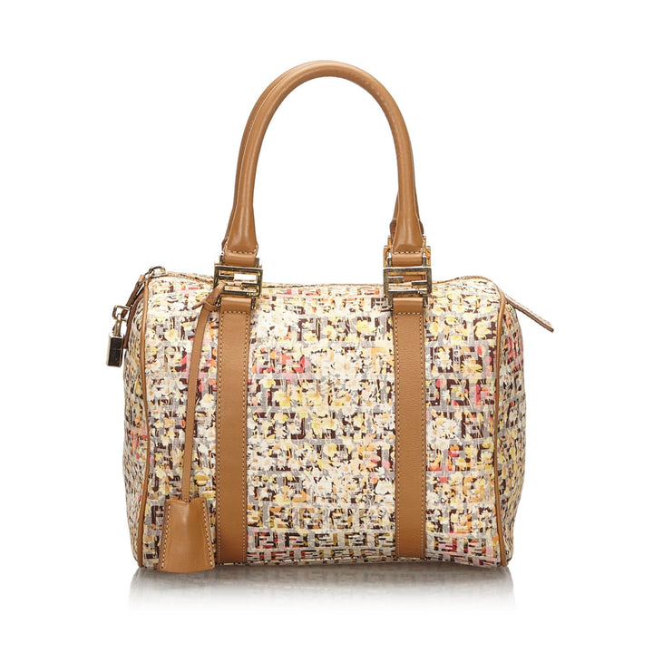Pre-Loved Fendi Brown Beige Canvas Fabric Floral Zucchino Boston Bag Italy