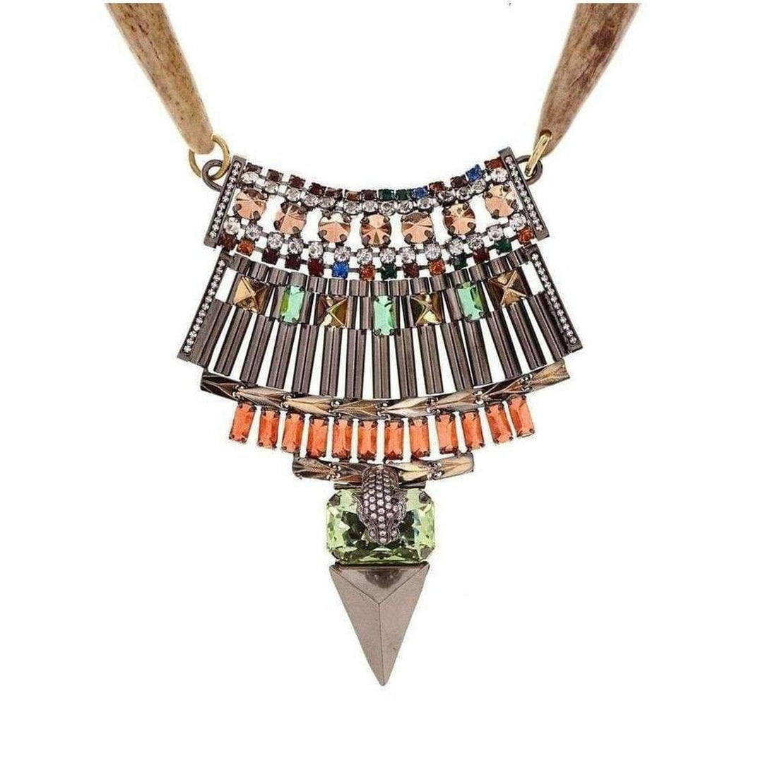 Gold Crystal Tribal Leopard Head Bib Necklace