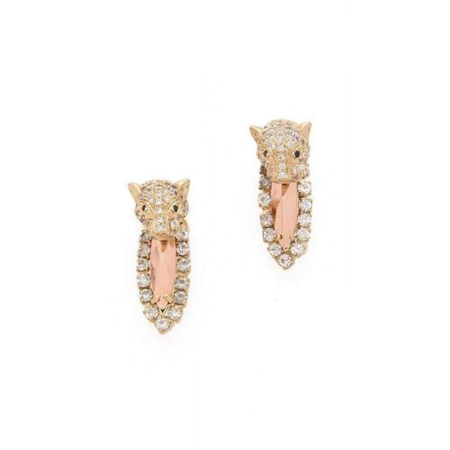 Iosselliani-Iosselliani Brass Rhinestone Cheetah Head Earrings - Runway Catalog