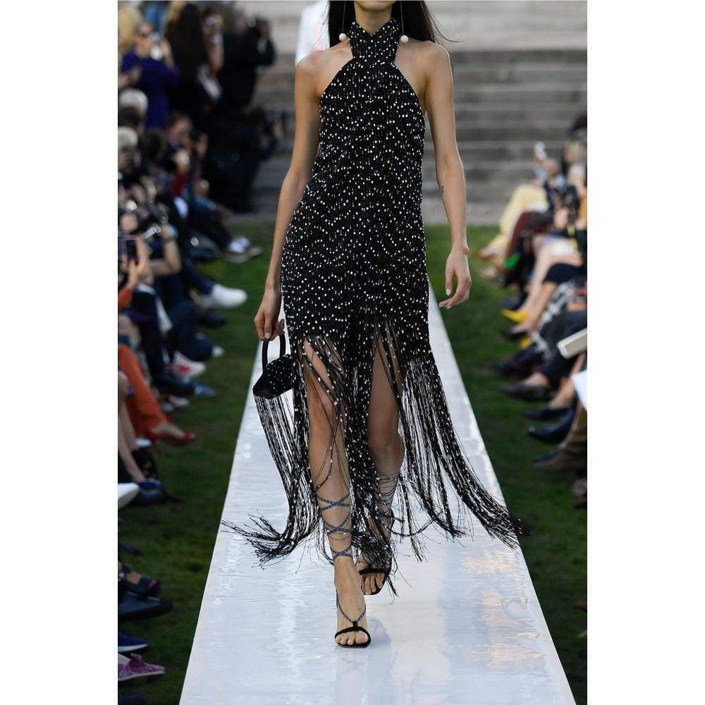 Cortese Fringed Polka-Dot Chiffon Maxi Dress
