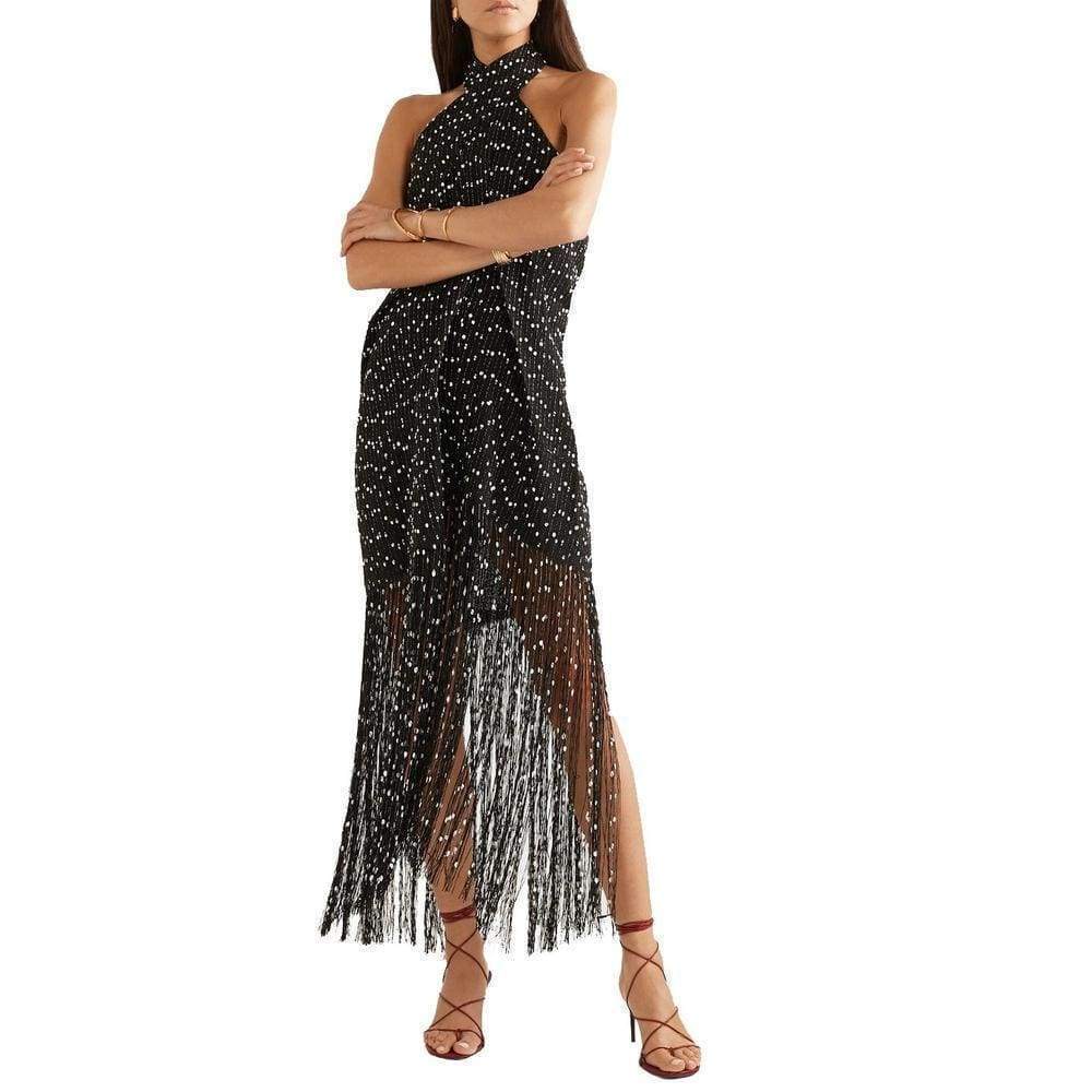 Cortese Fringed Polka-Dot Chiffon Maxi Dress