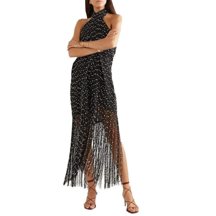 Cortese Fringed Polka-Dot Chiffon Maxi Dress