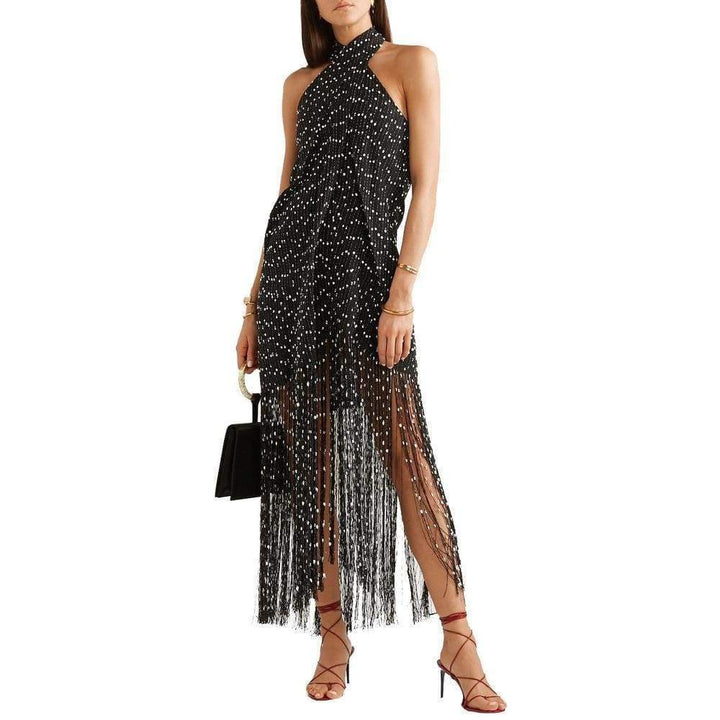 Cortese Fringed Polka-Dot Chiffon Maxi Dress
