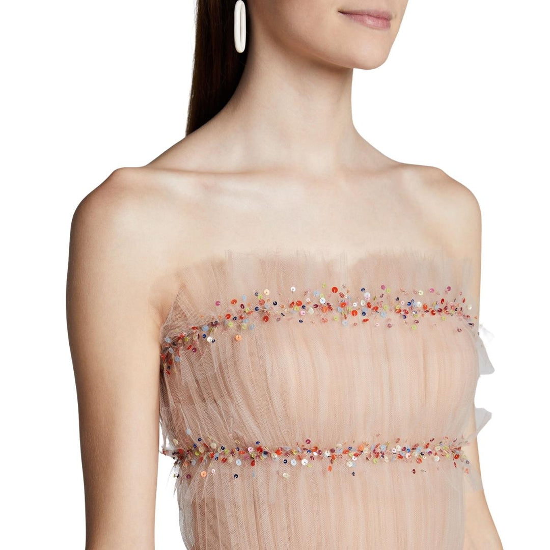 Strapless Ruched Tulle Midi Cocktail Dress