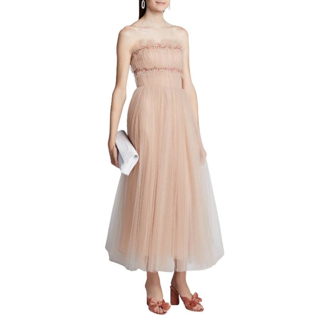 Strapless Ruched Tulle Midi Cocktail Dress