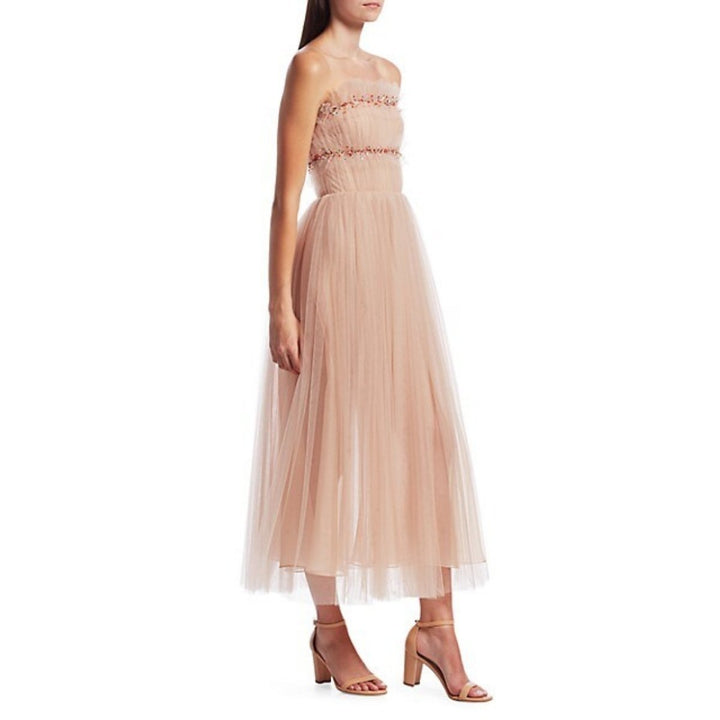 Strapless Ruched Tulle Midi Cocktail Dress