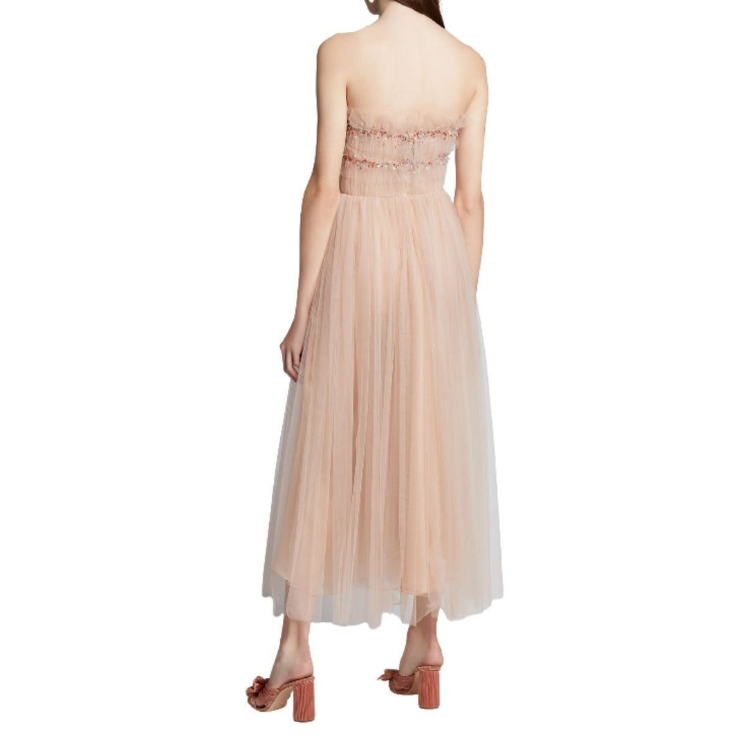 Strapless Ruched Tulle Midi Cocktail Dress