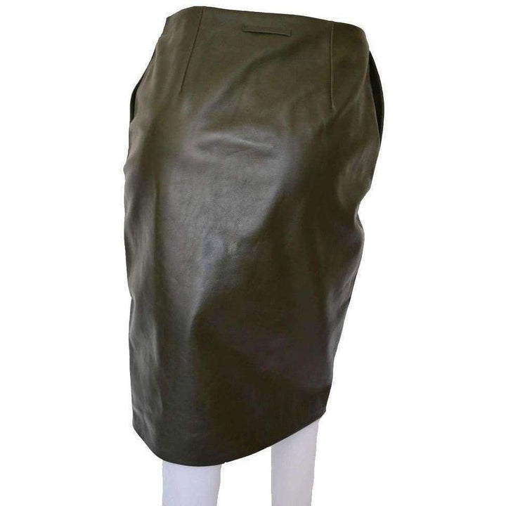 Dark Olive Green Front Zipper Leather Skirt