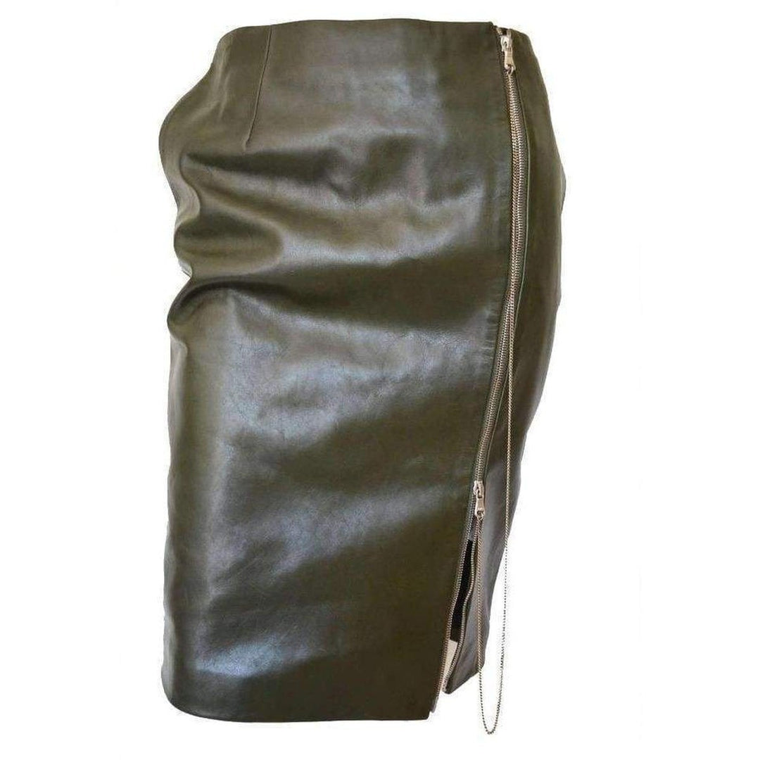 Jean Paul Gaultier-Dark Olive Green Front Zipper Leather Skirt - Runway Catalog
