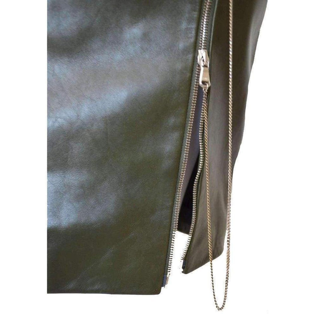 Dark Olive Green Front Zipper Leather Skirt