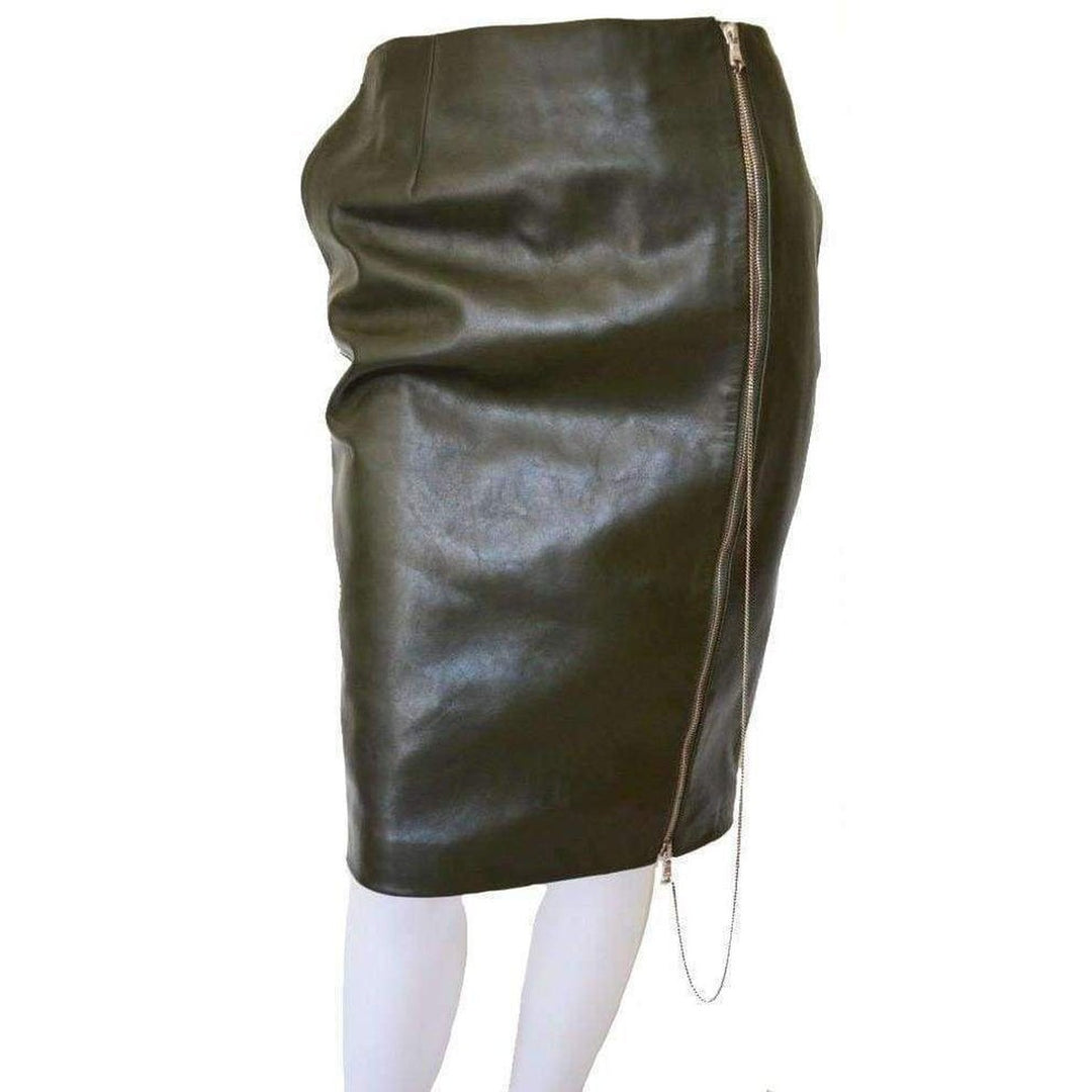 Dark Olive Green Front Zipper Leather Skirt