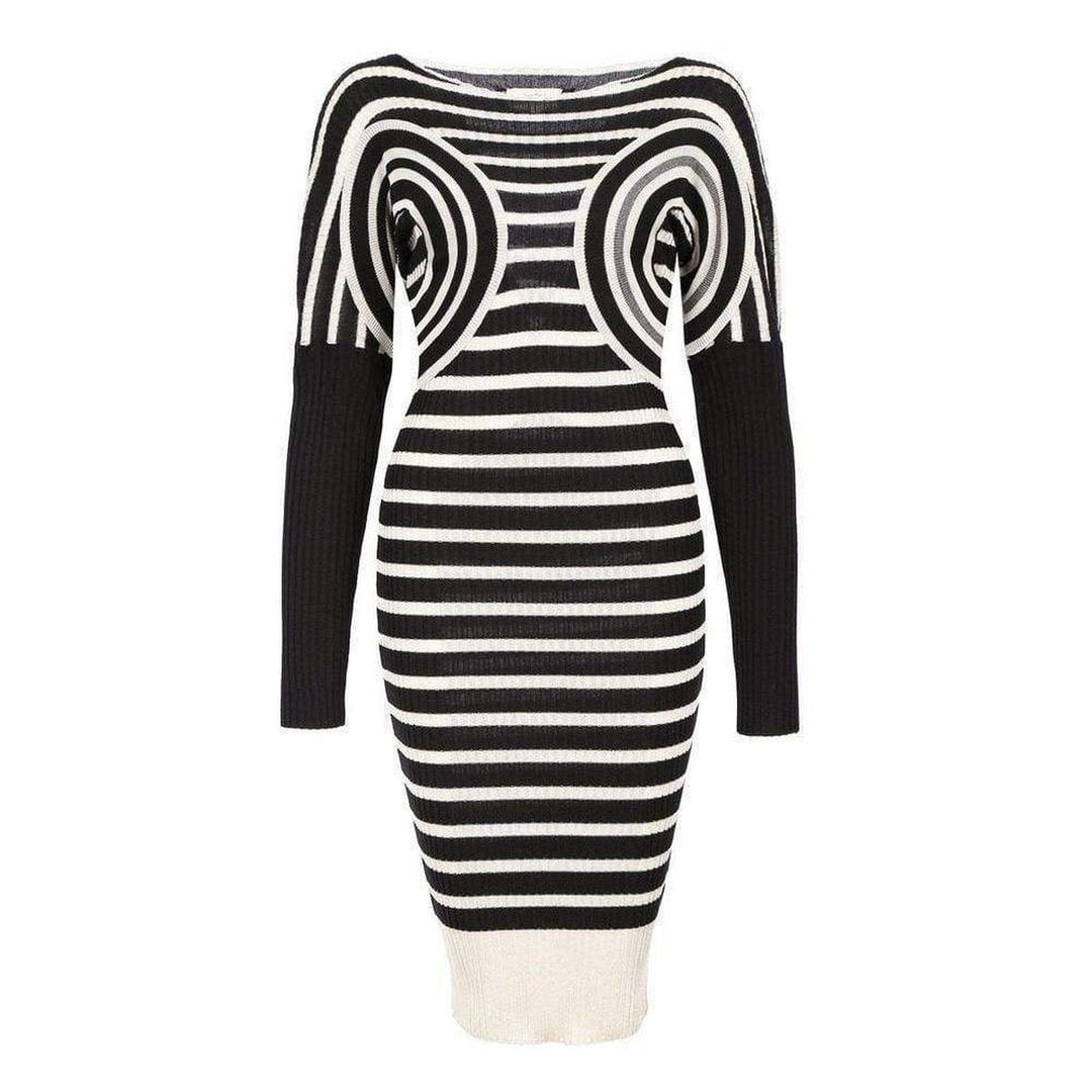 Jean Paul Gaultier-Mixed Wool Striped Optical Illusion Dress - Runway Catalog