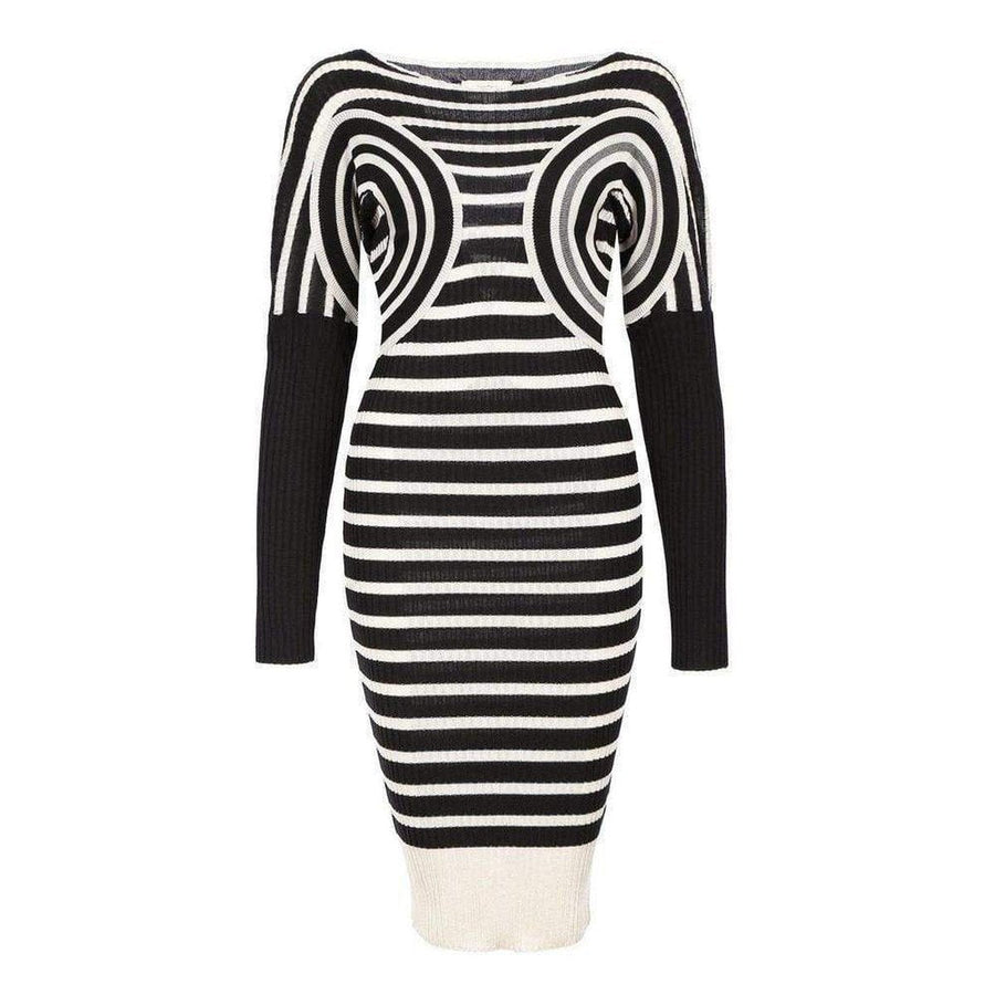 Jean Paul Gaultier-Mixed Wool Striped Optical Illusion Dress - Runway Catalog