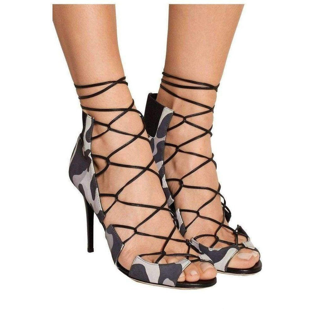 Jimmy Choo-Black Myrtle 100 Camouflage Print Nubuck Sandals - Runway Catalog