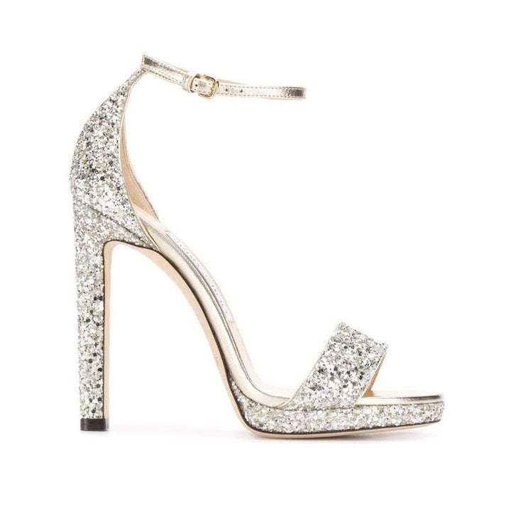 Jimmy Choo-Misty 120 Silver Glitter Sandals - Runway Catalog