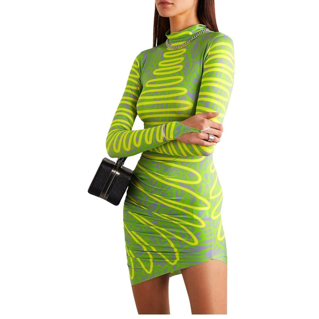 Ruched Printed Stretch-jersey Turtleneck Mini Dress