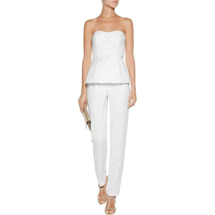 Marchesa Notte-Embellished Crepe Ivory Jumpsuit - Runway Catalog
