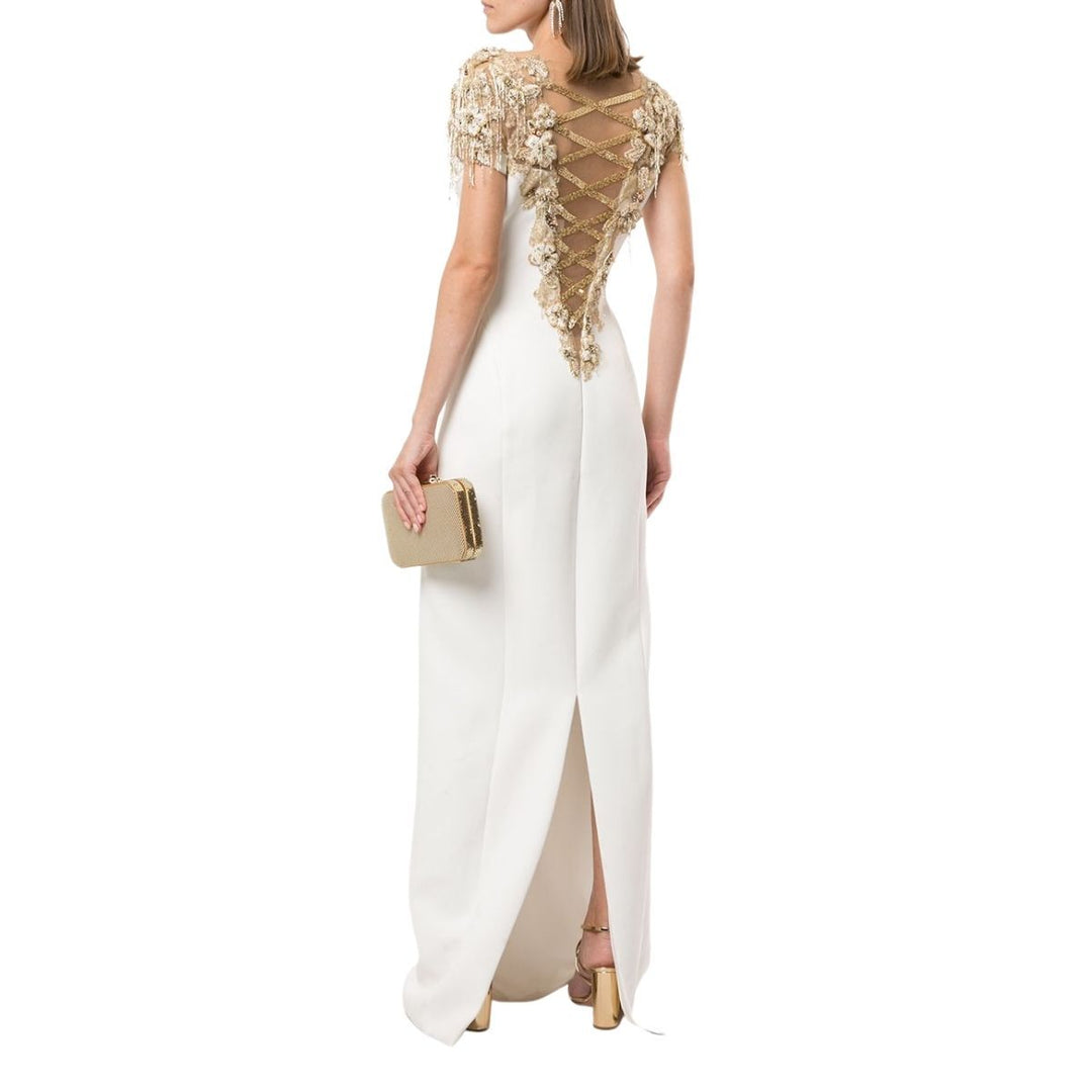Embellished Tulle-trimmed Crepe Gown