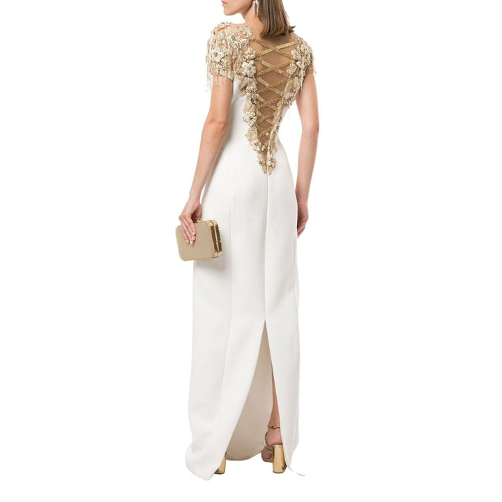 Embellished Tulle-trimmed Crepe Gown