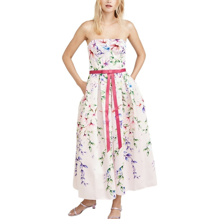 Strapless Printed Mikado Corseted Gown