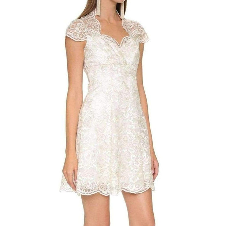 White Metallic Lace Cap Sleeve Dress