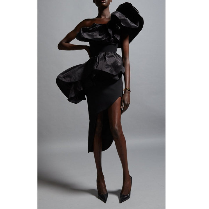 Attentive Ruffle Crepe Midi Dress