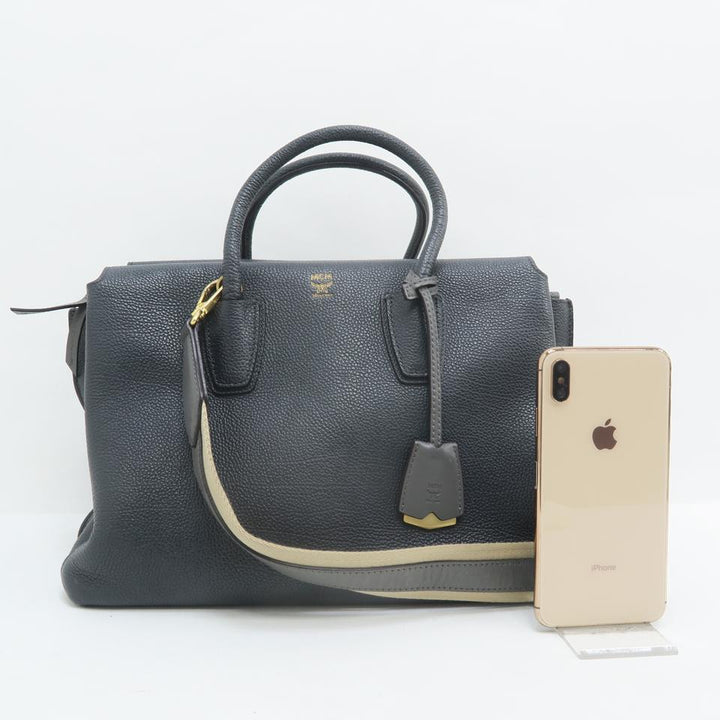 MCM Milla Medium Charcoal Calfskin Leather Tote