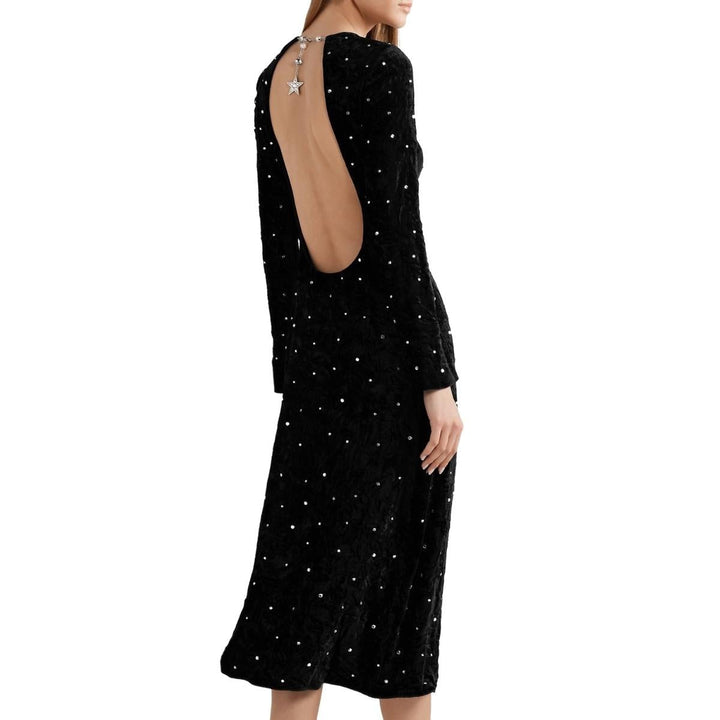 Black Crystal-embellished Open-back Velvet Dress