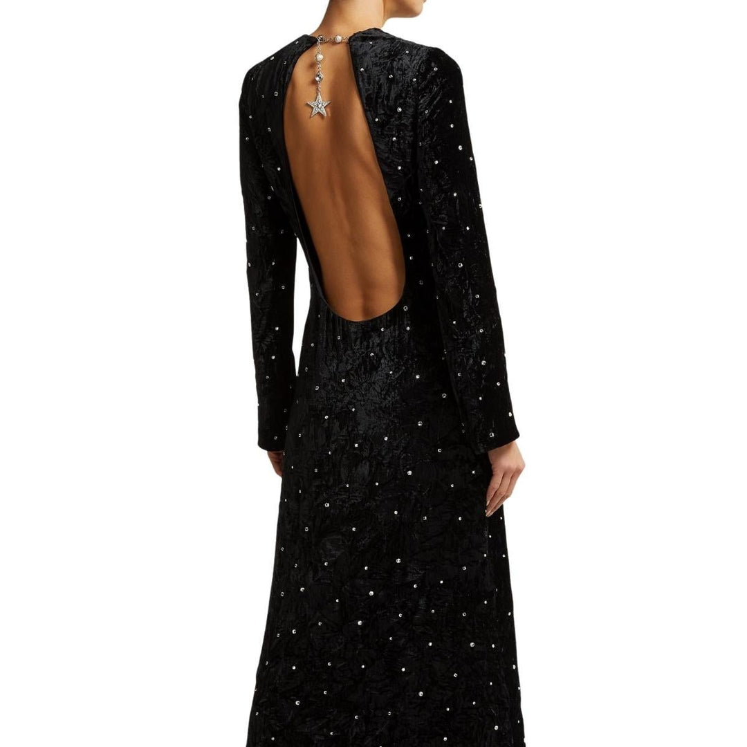 Black Crystal-embellished Open-back Velvet Dress