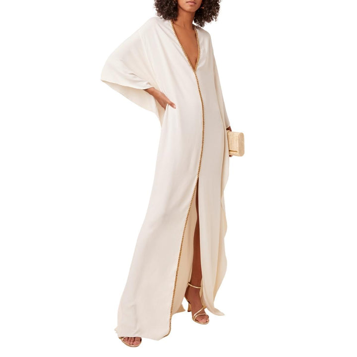 Beaded-Trim Ruffled Crepe Caftan