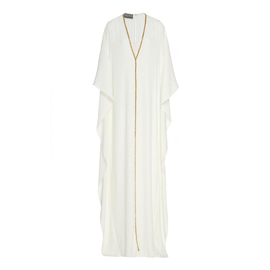 Monique Lhuillier-Beaded-Trim Ruffled Crepe Caftan - Runway Catalog