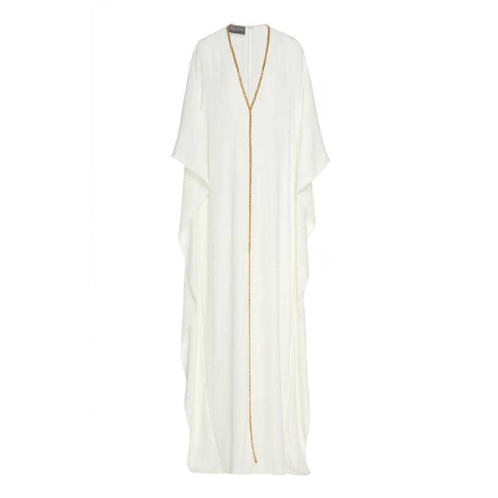 Monique Lhuillier-Beaded-Trim Ruffled Crepe Caftan - Runway Catalog