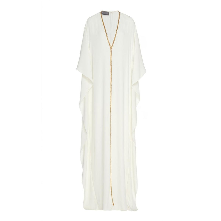 Monique Lhuillier-Beaded-Trim Ruffled Crepe Caftan - Runway Catalog