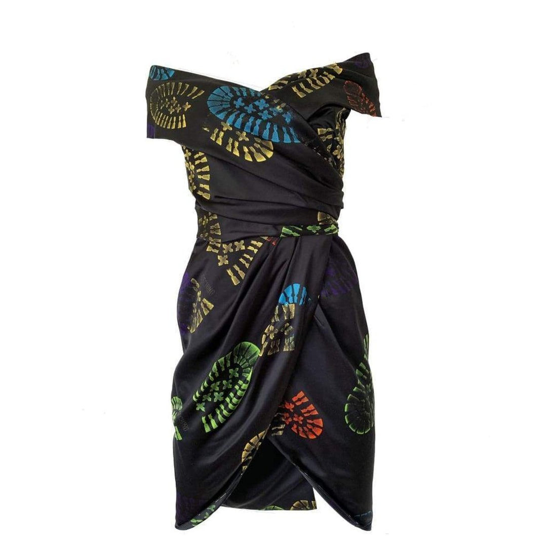 Black Off-shoulder Shoe Print Wrap Dress