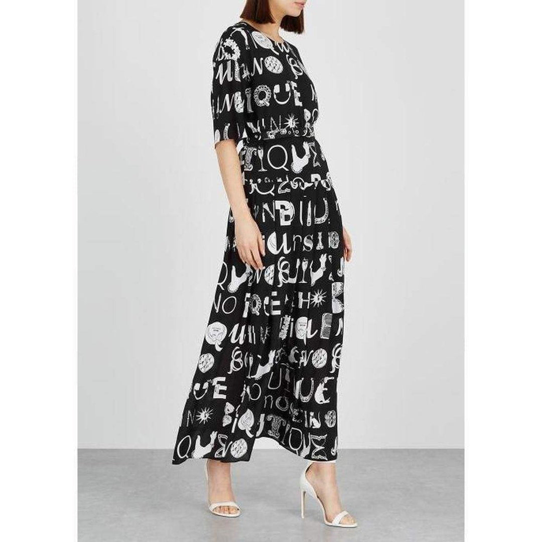 Black Typography-Print Silk Blend Maxi Dress
