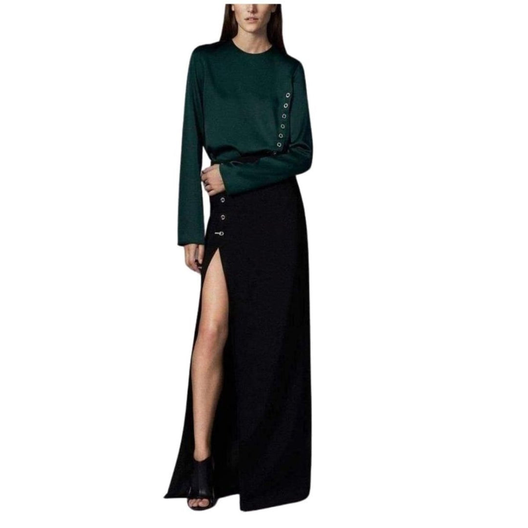 Eyelet Detail Stretch Black Crepe Maxi Skirt